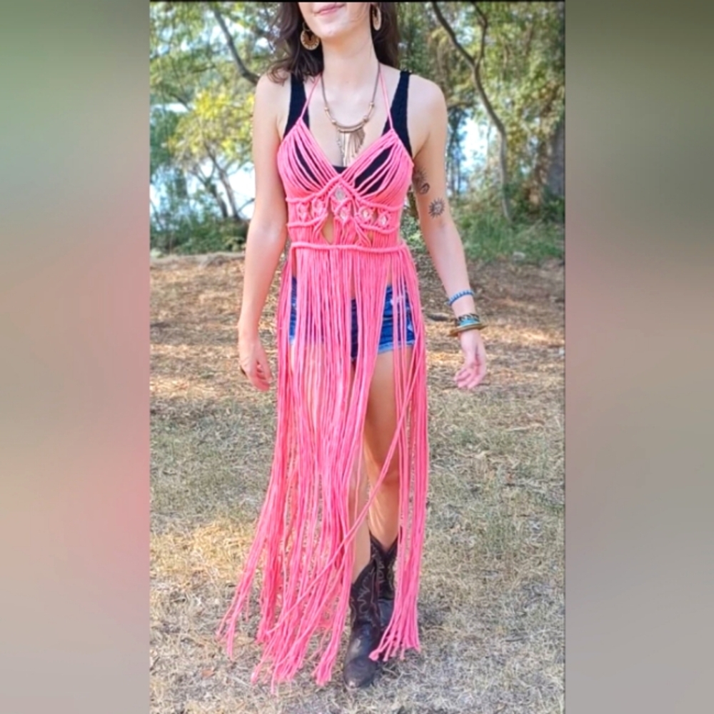 Handmade Macreme Boho Festival Fringe Dress Pink